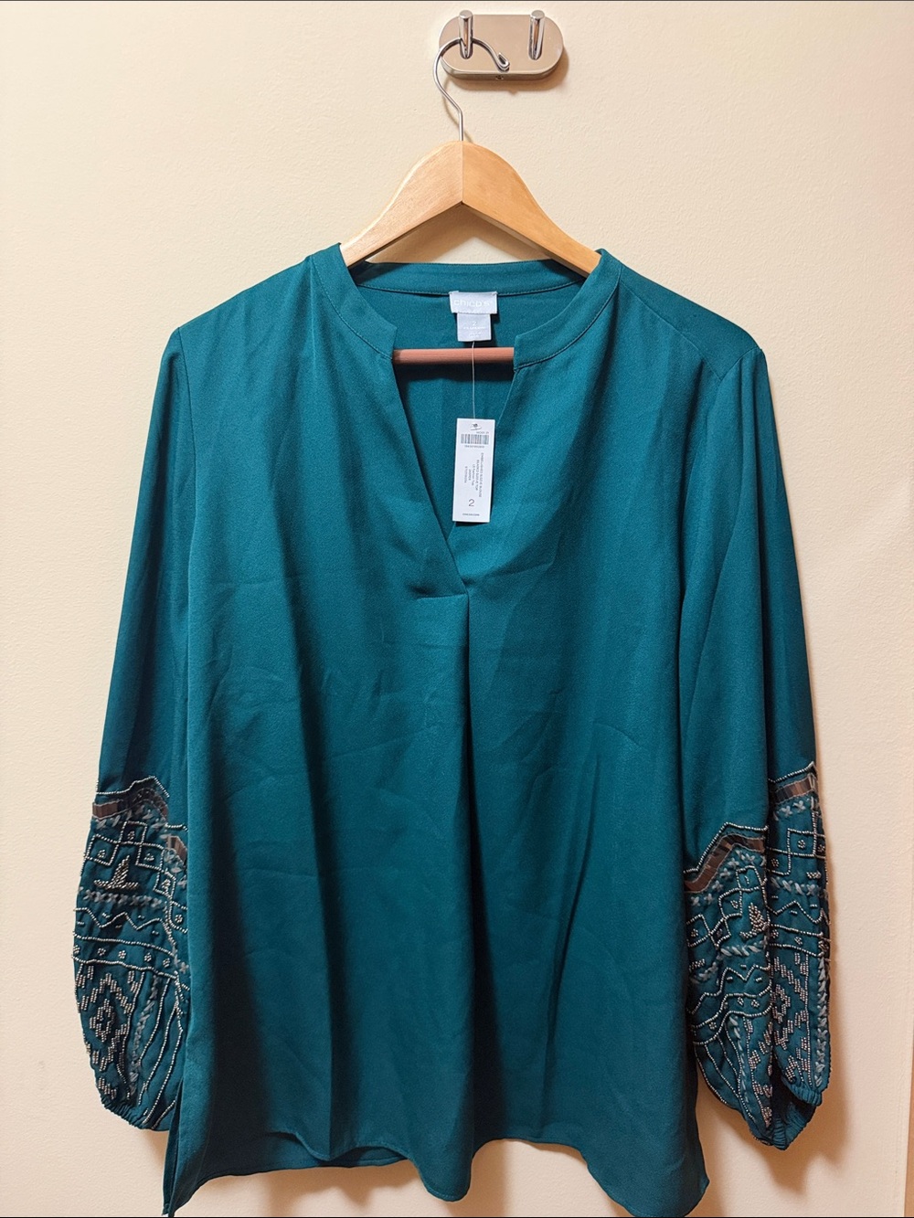 Chico's Teal Embroidered Sleeve V-Notch Blouse